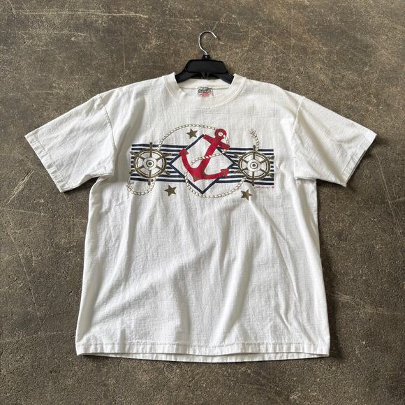 Vintage 90s Sailing Shirt Mens L USA White Anchor Graphic Marine Beach Vacation - Picture 1 of 8